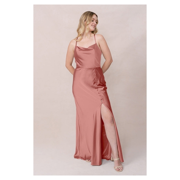 REVELRY Billie Satin Bridesmaid Spaghetti Strap Dessert Rose Gown Size 16 - Picture 1 of 17